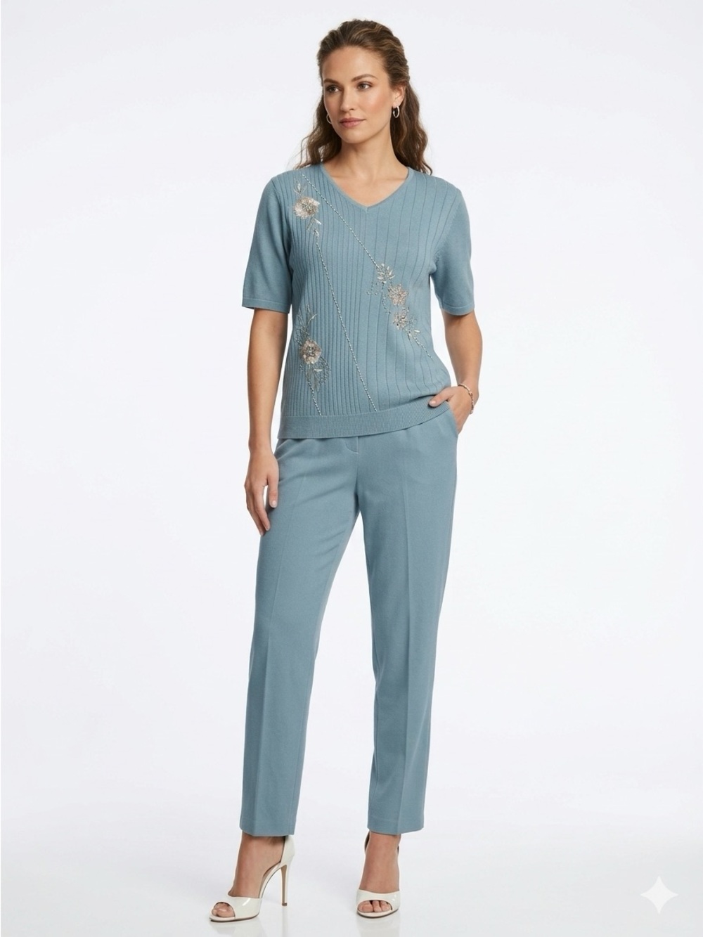 TANJAY 2p Dusty Blue 2p Set S/S V Neck Sweater M Pull On Belted Pants 12 Lcsr